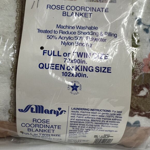 Vintage Deadstock St. Mary's Rose Coordinate Blanket Tan Blue Pink Floral 72x90 - Picture 4 of 7